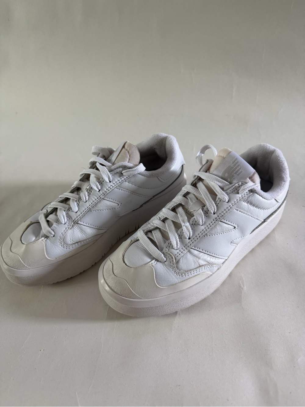 White Women's New Balance Platform Sneakers - Minimal Leather Low-Top - Picture 2 of 8